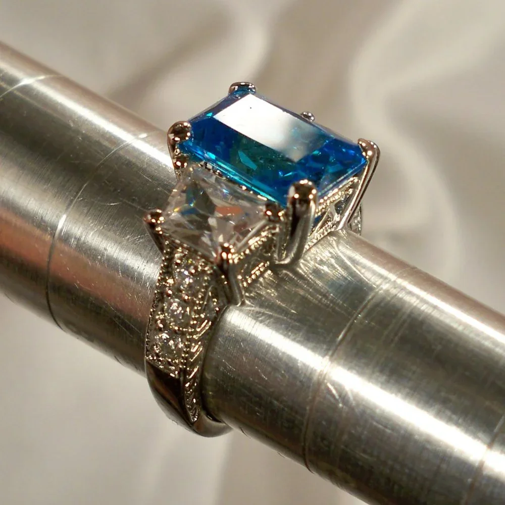 NEW Radiant Cut Blue Cubic Zirconias Silver DESIGNER Ring